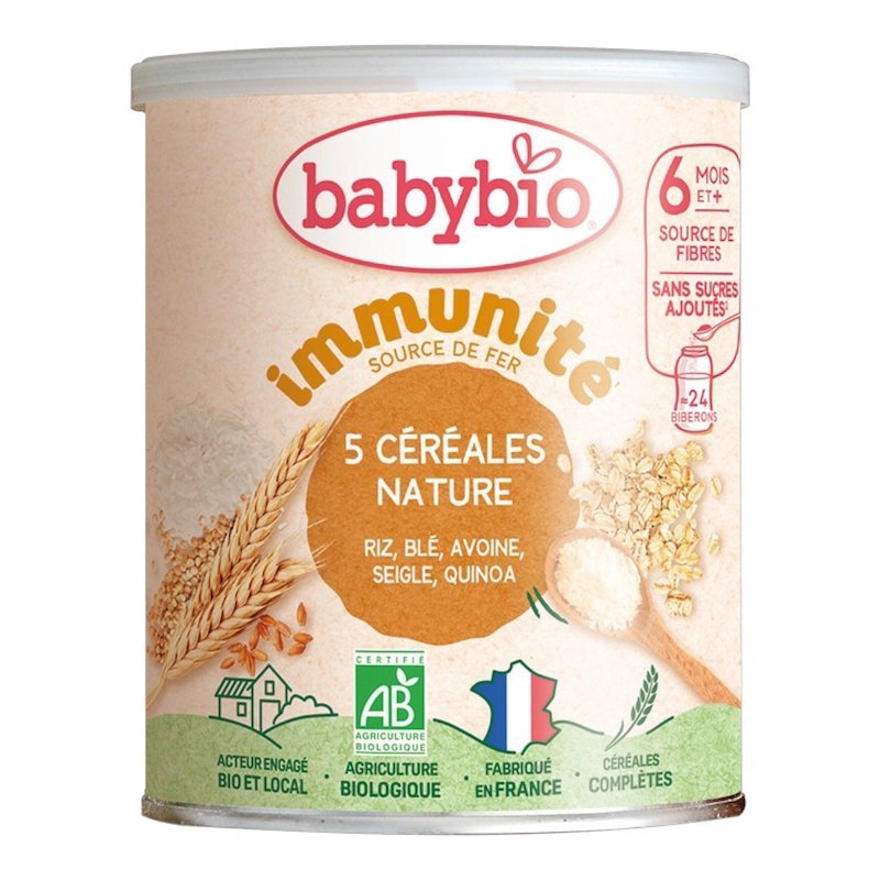 2024/12/1001271859.jpg Babybio 5 Cereales Nature avec Riz et Ble 220 g – Cereales Bébé Bio Complètes – Image 1
