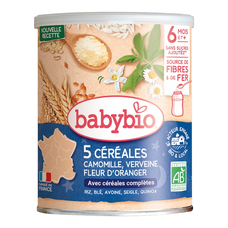 PhotoRoom-20241207_220410 Babybio 5 Cereales Verveine Fleur dOranger Camomille – 220 g | Céréales Bio dès 6 mois – Image 1