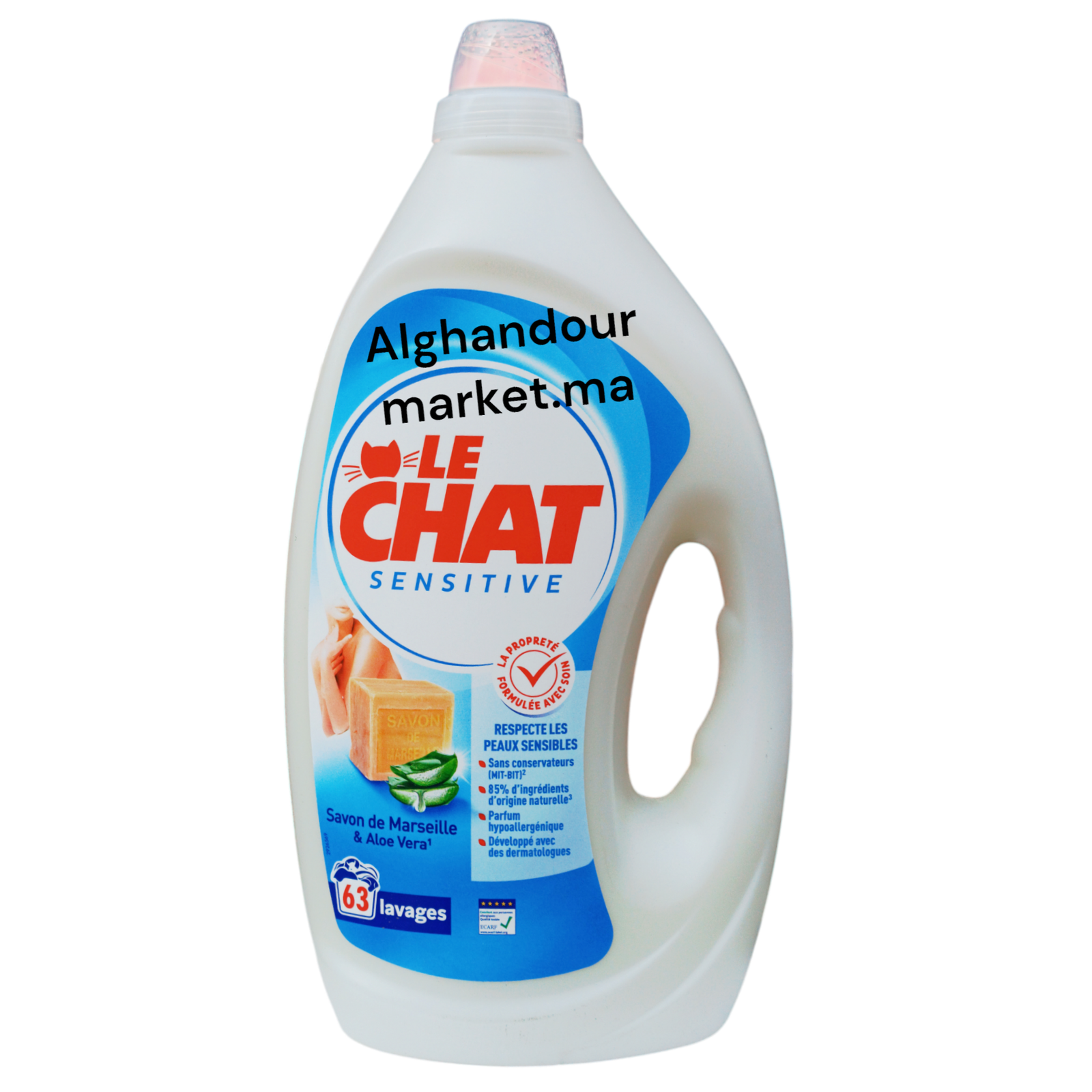 2025/03/1000766865.png Lessive Liquide Sensitive au Savon de Marseille et Aloe Vera LE CHAT – 2.83L – Image 1