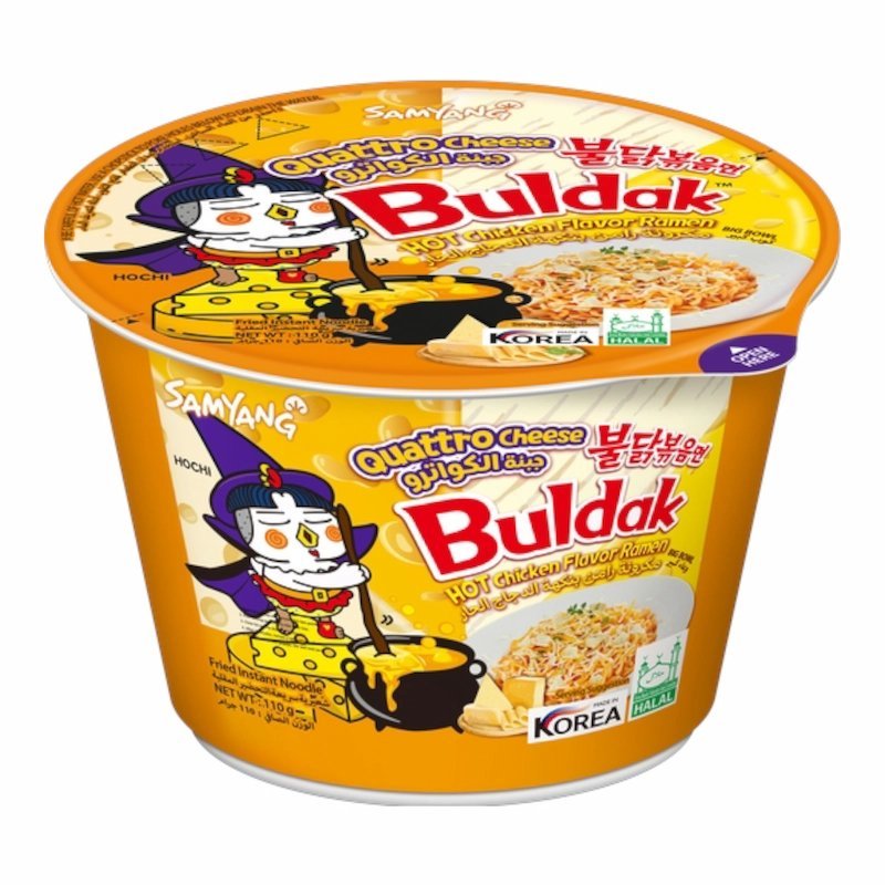 2025/09/1001028797.jpg Samyang Buldak Ramen Cup Quatro Cheese – 110 g – Nouilles Instantanées Épicées au Fromage – Image 1