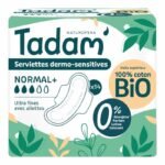 TADAM Serviettes Dermo Sensitives Normal+ Coton Bio Ultra Fines avec Ailettes – 14 unités