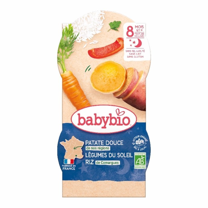 2025/12/1001170967.jpg Babybio Patate Douce Legumes du Soleil et Riz de Camargue – 2 x 220 g – Image 1