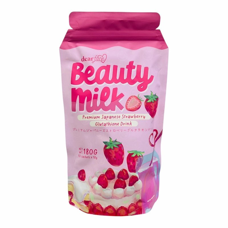 2026/02/1001276405.jpg Dear Face Beauty Milk Premium Japanese Strawberry Glutathione Drink 180 g – Boisson Beauté Éclaircissante au Lait & Fraise Japonaise – Image 1